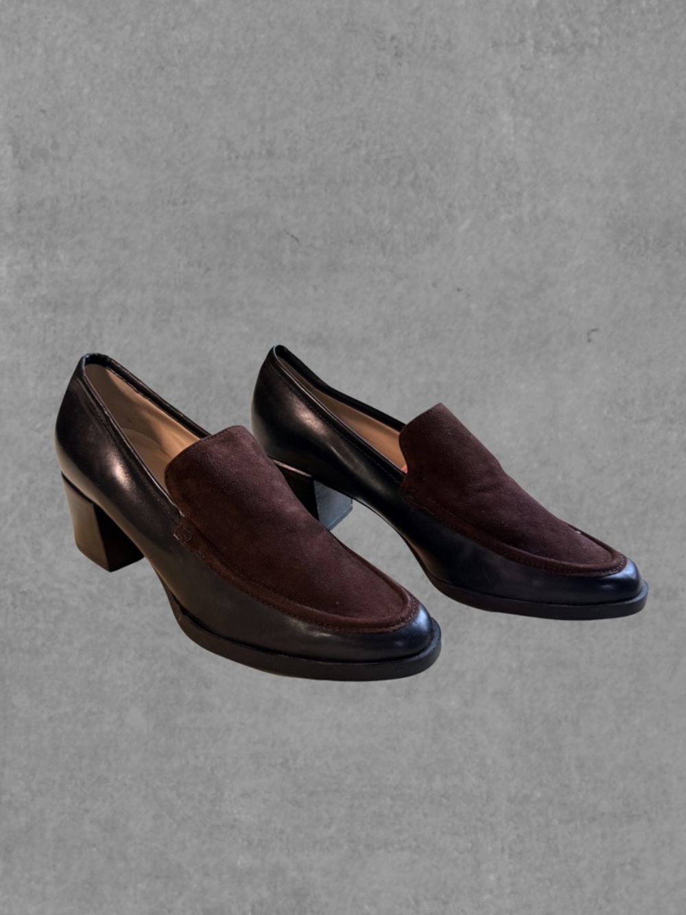 Black Leather & Brown Suede Heeled Loafers
